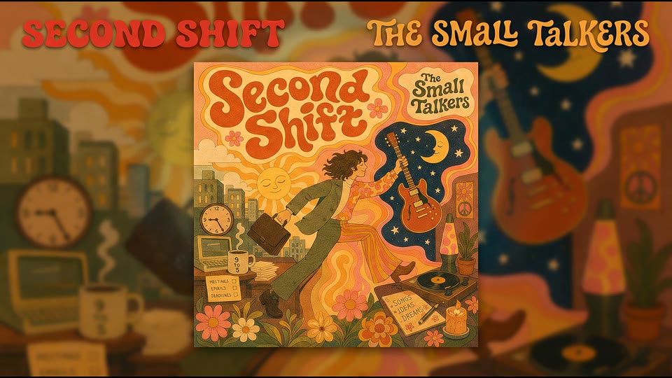 A centered record cover over its animated visual world
