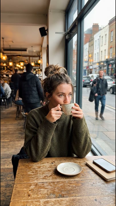 A candid-feeling coffee shop scene beside a city window
