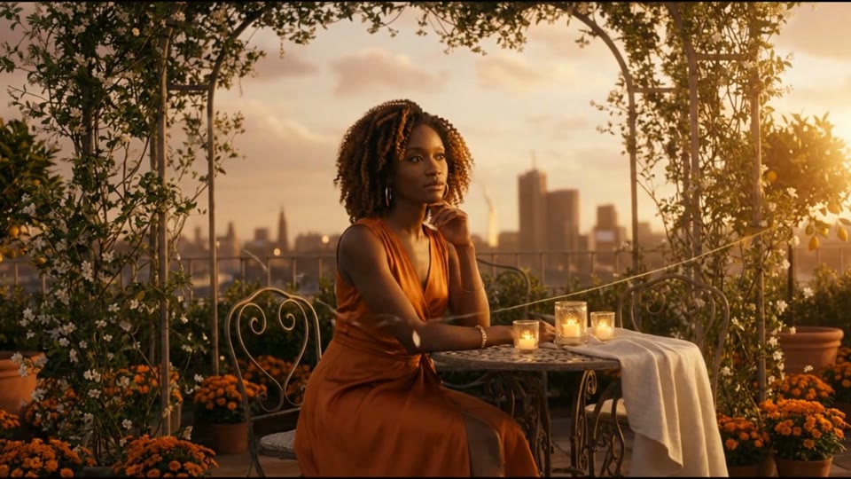 A woman on a golden-hour balcony in a cinematic lyric video study