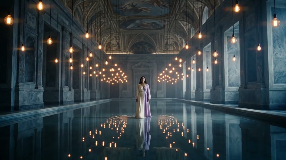 A performer in a grand ballroom with reflected chandeliers