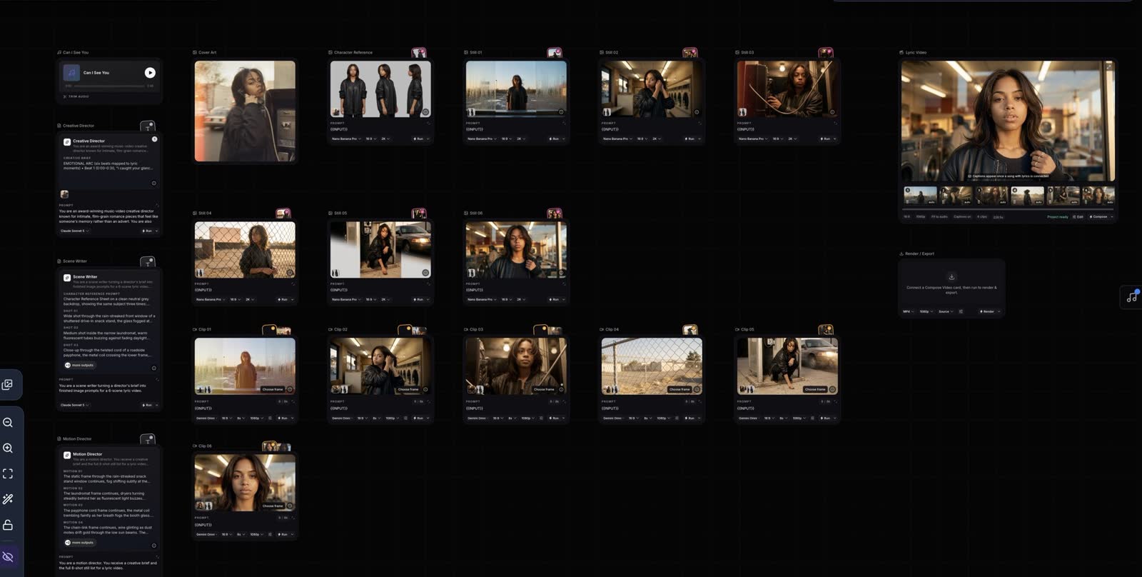 The actual Can I See You project in Visuals, with source cards, connected scenes and finished video