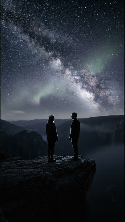 Two silhouettes beneath stars and coloured light