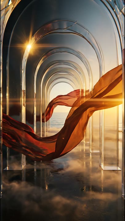 A moving ribbon through surreal golden arches