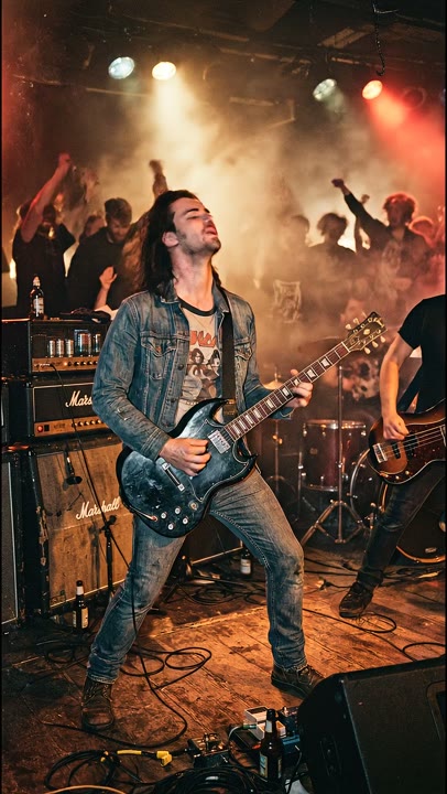 A vertical rock performance with warm lights and smoke