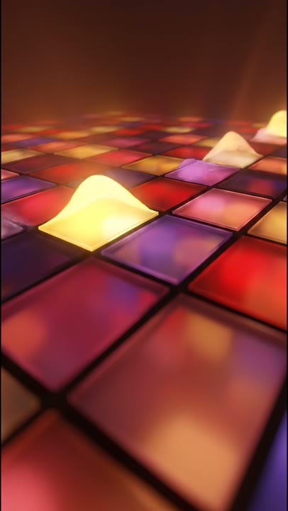 A luminous grid moving through waves of colour