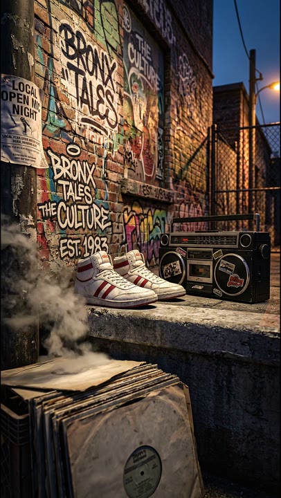 A boombox and sneakers in a textured city alley