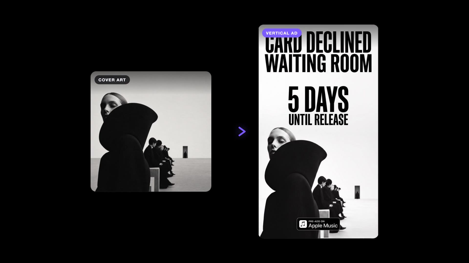 Card Declined cover art becomes a black-and-white vertical release countdown.