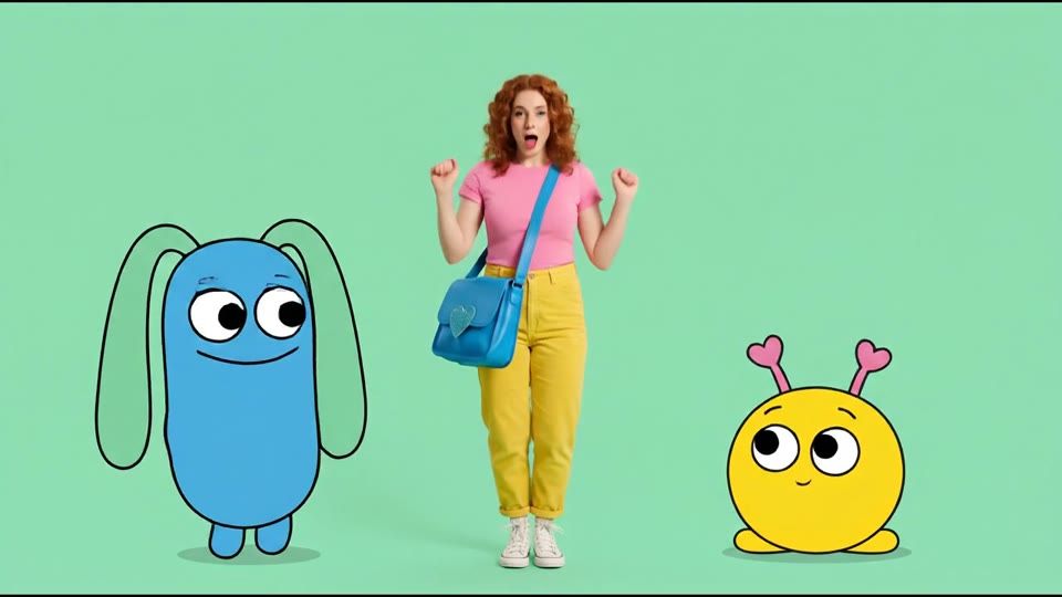 A performer and animated characters against a mint backdrop