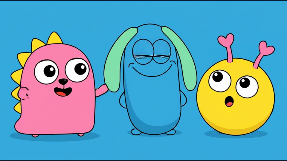 Colourful original animated characters dancing together
