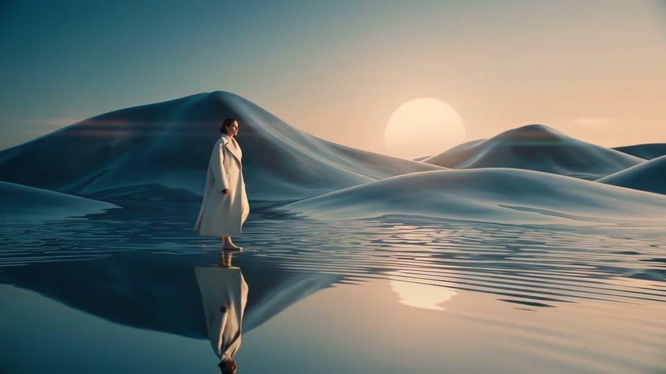 A performer in a reflective desert landscape at sunset