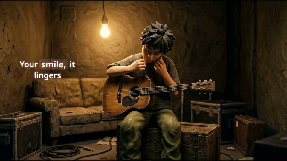 Claymation characters on a softly lit street with lyrics