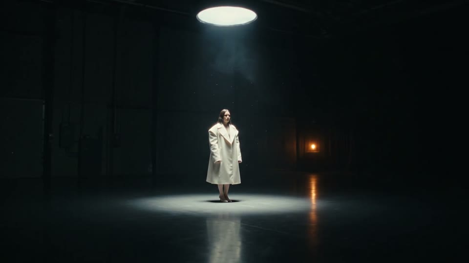 A performer in a white outfit under a pool of light