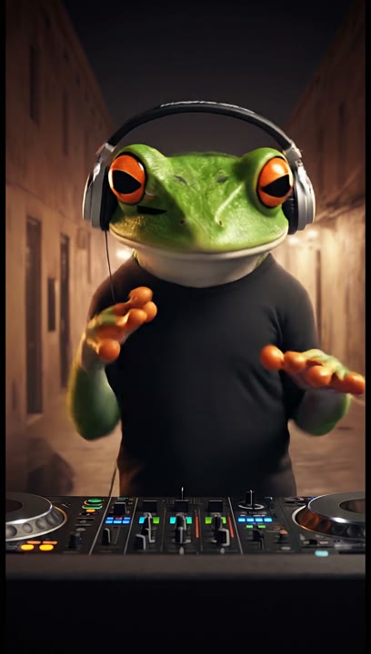 An original frog character DJing at a mixing desk