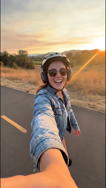 A rollerblader on a sunlit path filmed as a vertical social clip