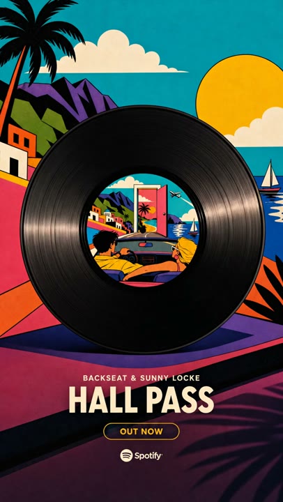 A vinyl record and colourful Hall Pass artwork