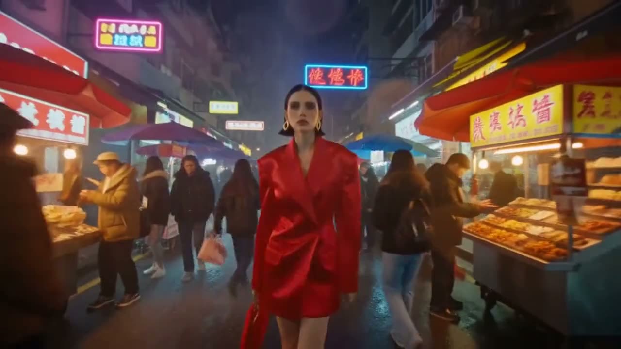 A woman in a red coat walks through a night market, then a rider on a red scooter and a singer in a golden field, from music videos made in Visuals