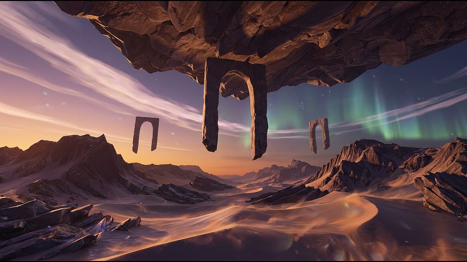 A floating landscape under a changing aurora