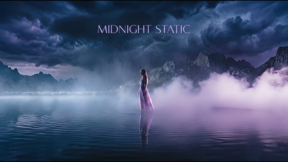 A figure in water beneath a purple storm sky