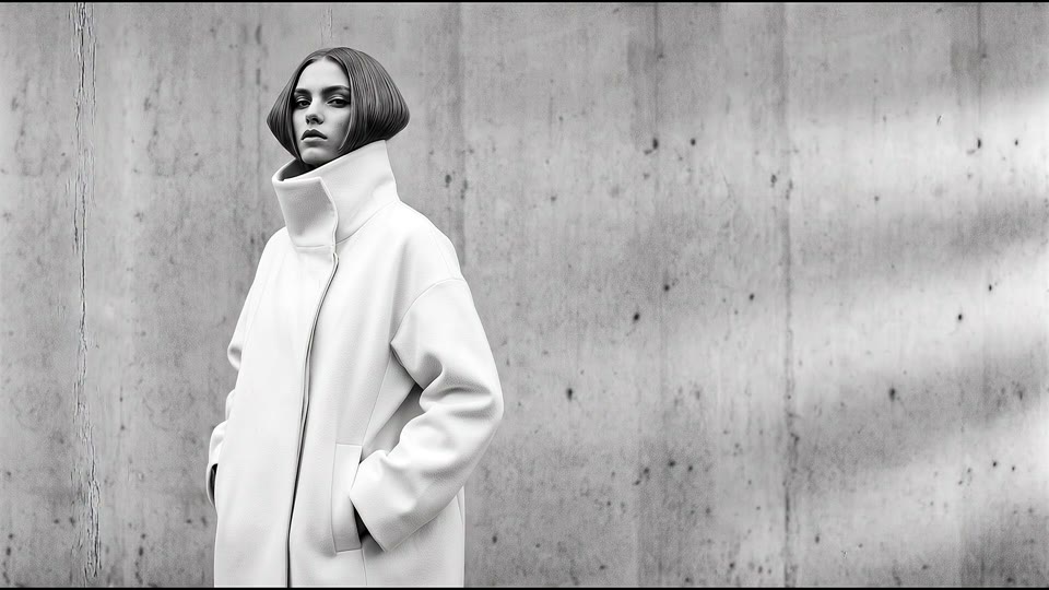 A black-and-white fashion portrait with subtle motion