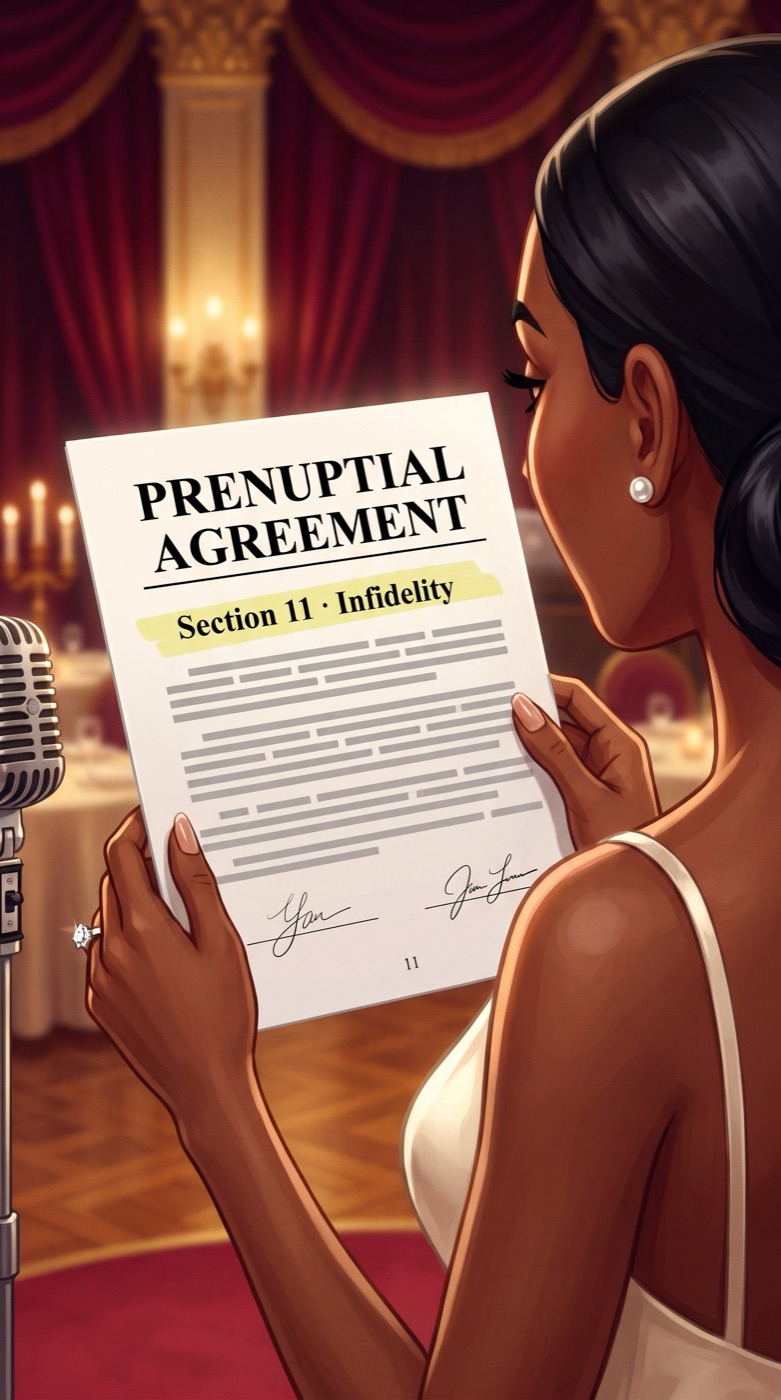 The bride reads a prenuptial agreement at the microphone