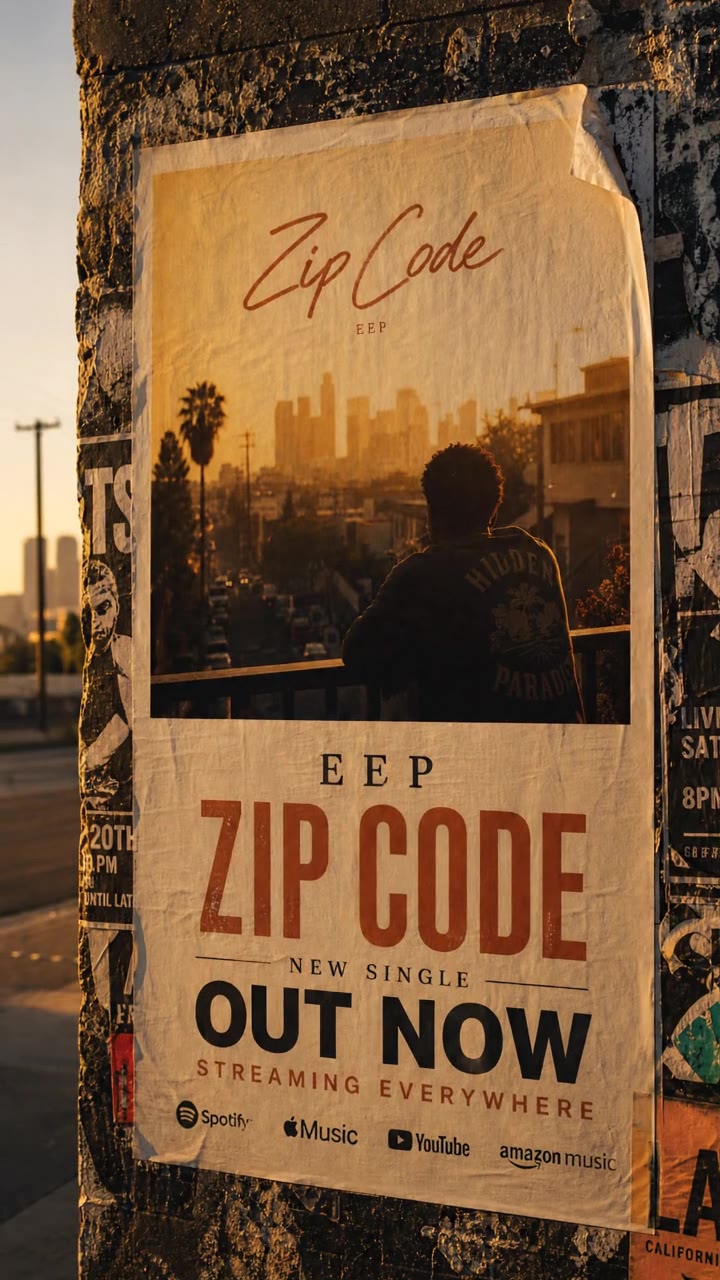 An out-now release poster brought into motion on a brick wall