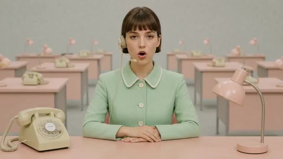 A retro switchboard operator in a pastel pink and mint office