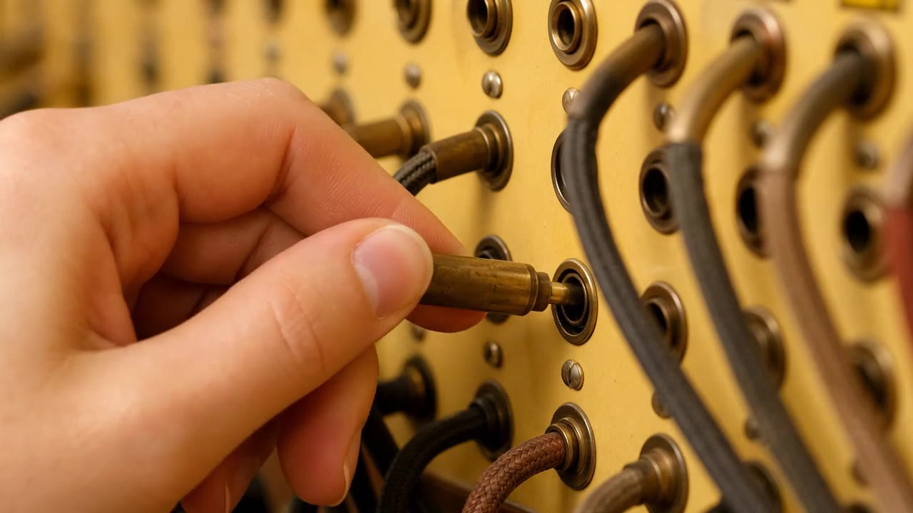 A close-up of a cable being plugged into a vintage switchboard