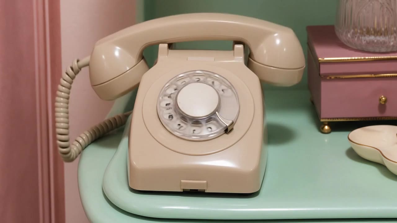 A vintage telephone in a mint and pink still life