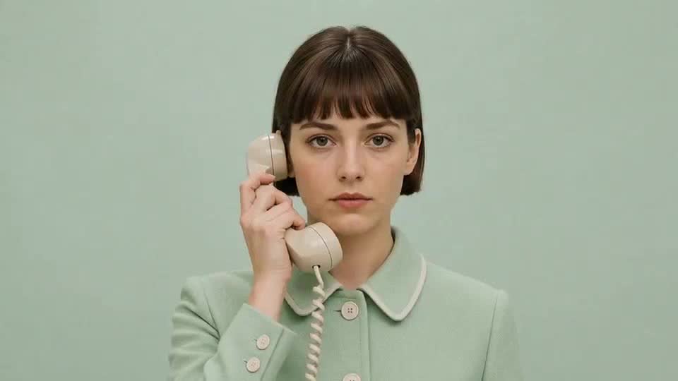 A mint-suited character holding a cream telephone in a pastel room