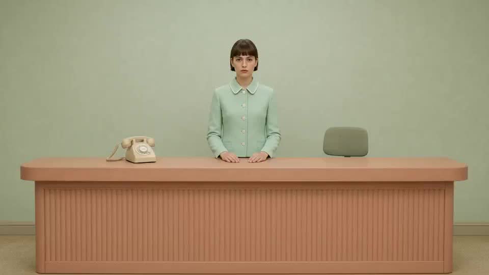 A mint-suited character behind a reception desk with a cream telephone