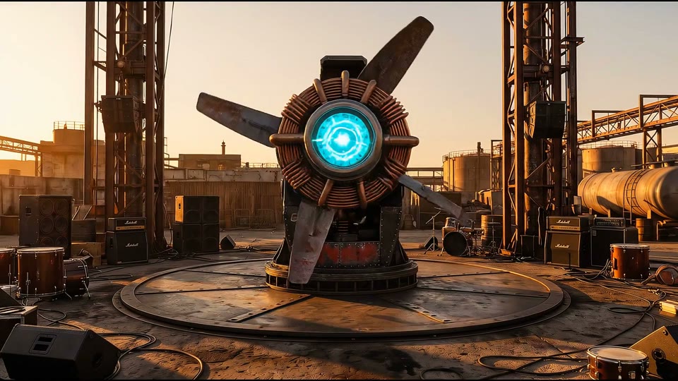 A cinematic industrial setting in the Raygun lyric video study