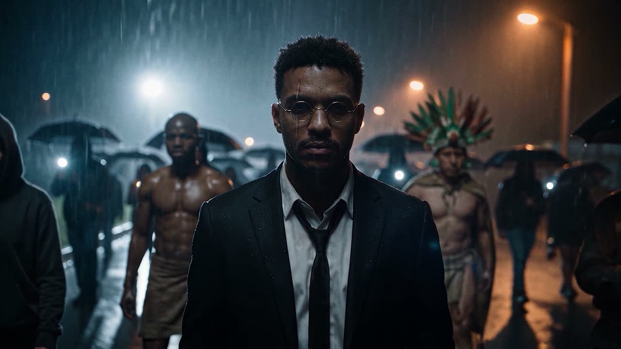 A man in a suit leads a crowd through a rainy street at night, from the Ruler on the Map music video