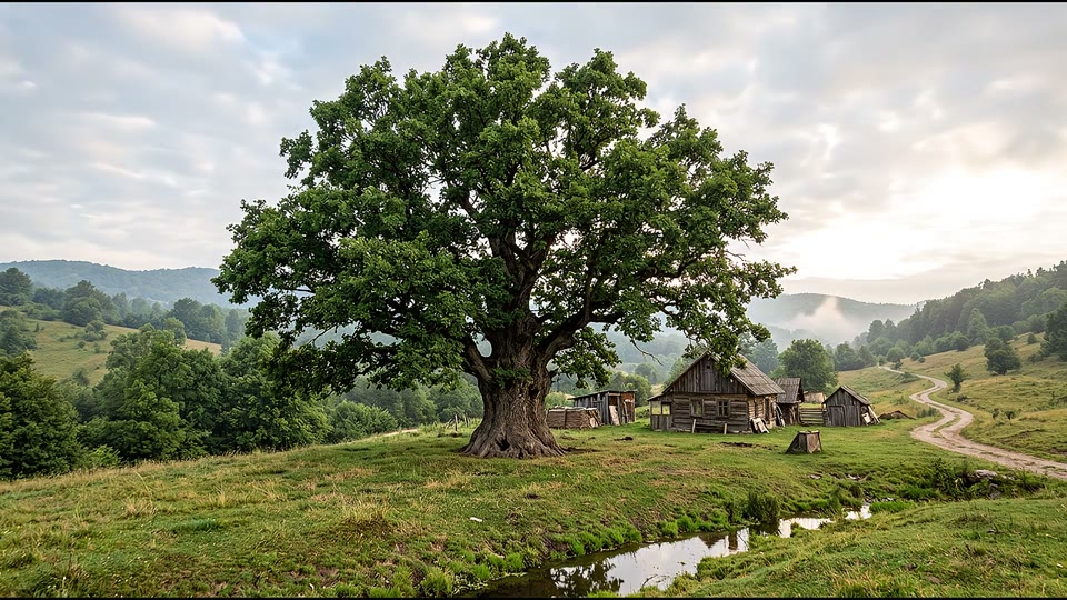 A tree and countryside moving through the seasons