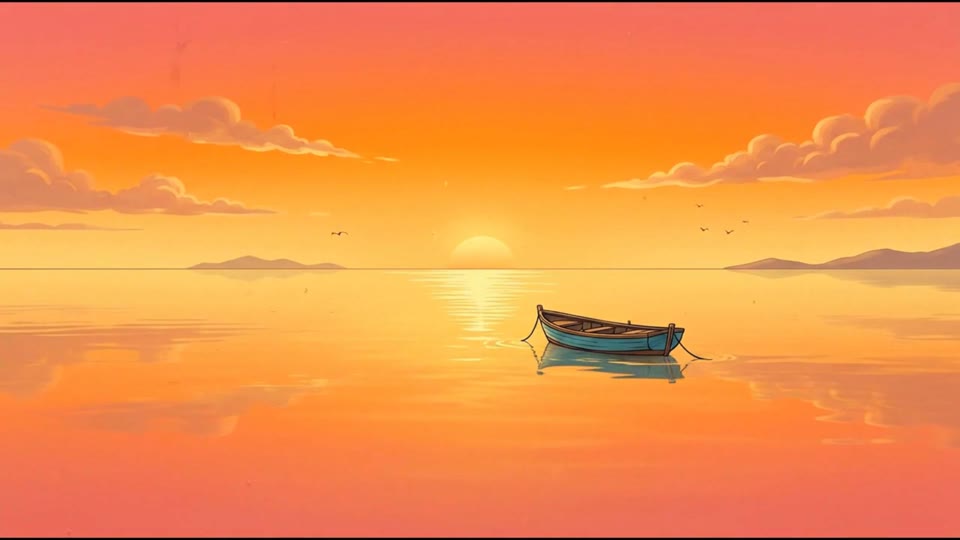 An illustrated tropical coastal town in a lyric video study