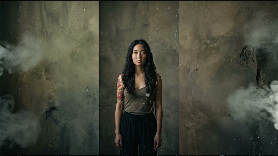 A woman framed by softly moving smoke and window light