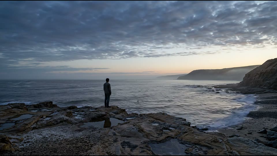 A solitary figure by the sea as daylight changes