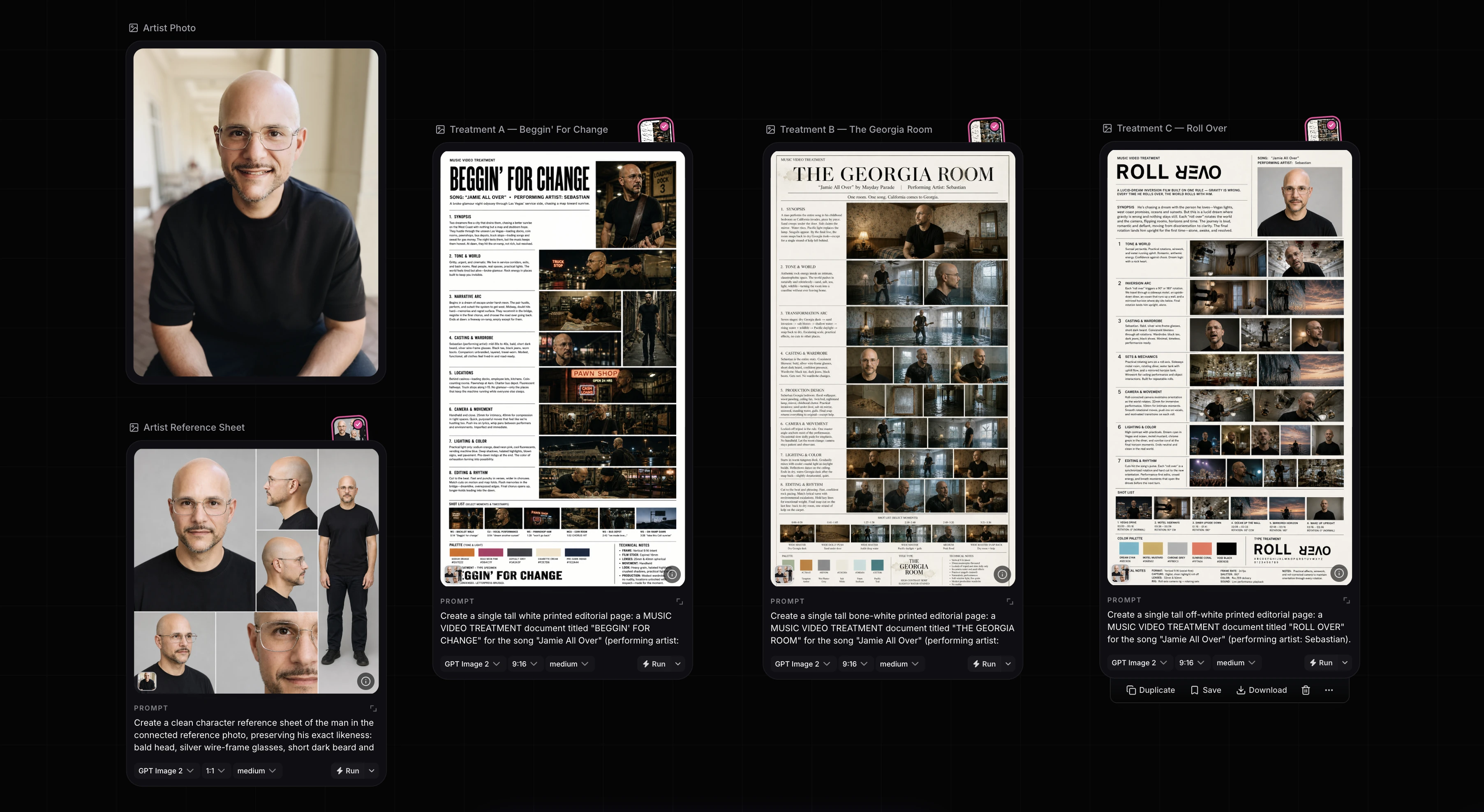 Artist photo and reference sheet alongside three music video treatment directions, created in Visuals
