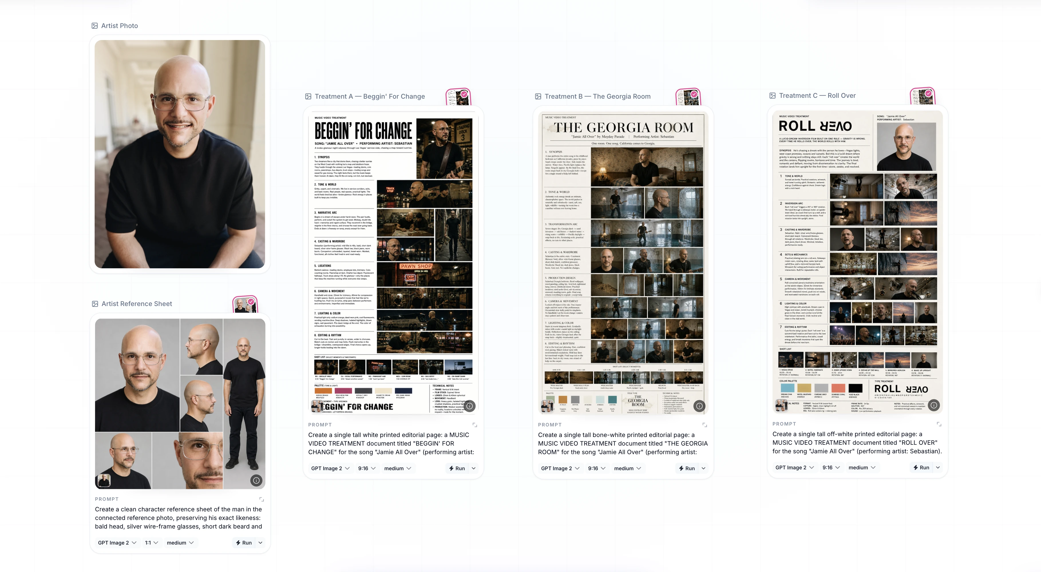 Artist photo and reference sheet alongside three music video treatment directions, created in Visuals