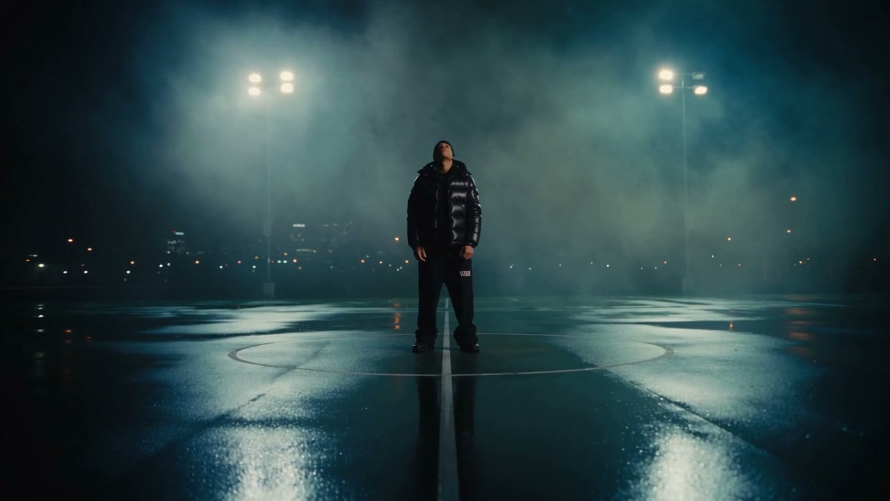A hip-hop performer on a rain-soaked court beneath floodlights at night.